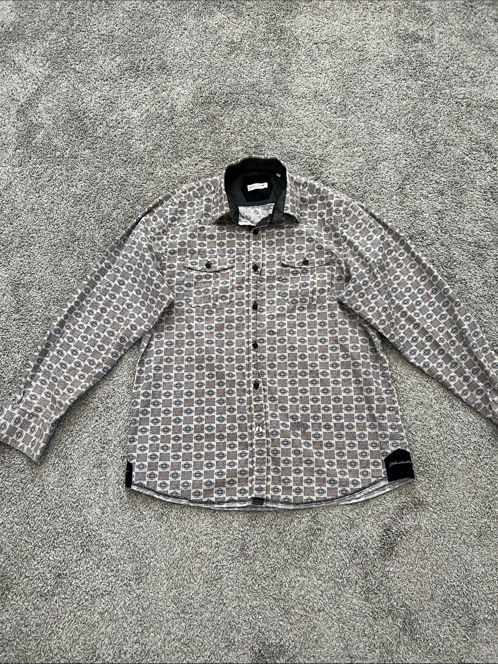 John Lennon Men’s Button-Down Shirt Taupe w/ Blue Geometric Pattern Flip Cuff -L